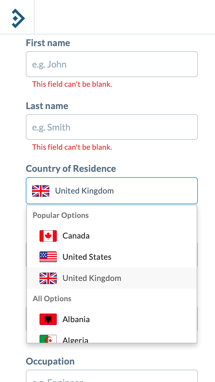 Country of residence dropdown open, correctly styled