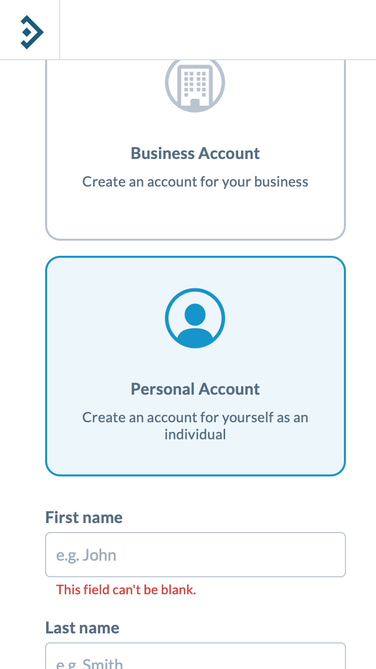 iPhone SE after tapping the phone selector: page has jumped to the account type cards